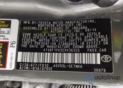 2014 Toyota Camry Le z USA, uszkodzony, nr VIN 4T4BF1FK2ER436355